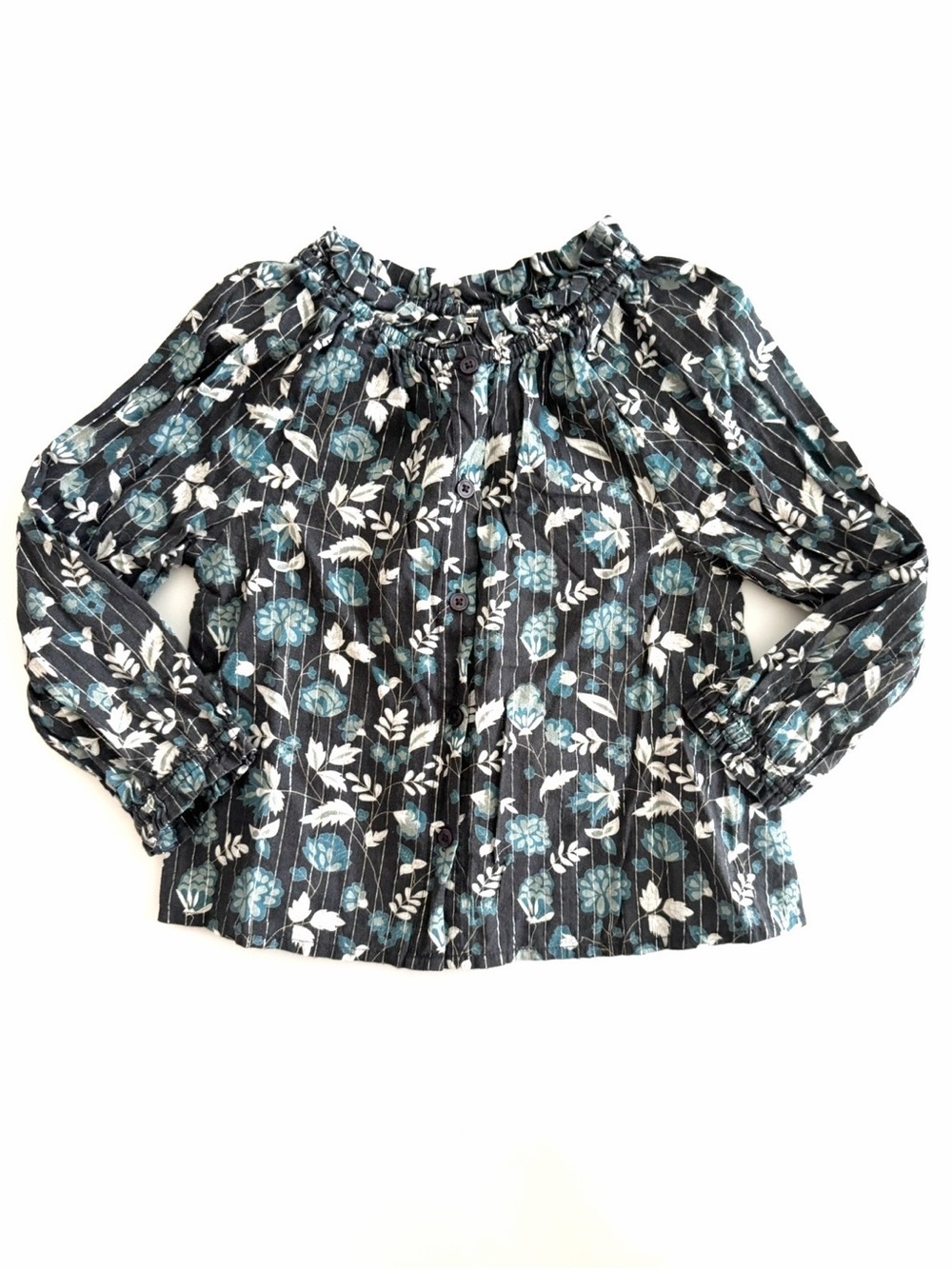 BONTON Grey Blue Teal Silver Floral Blouse